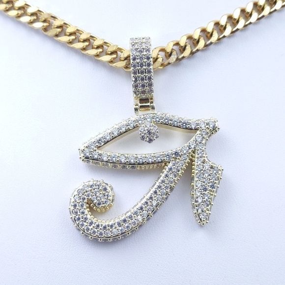 18" Cuban Chain & Gold Finish Eye of Horos Pendant - Picture 7 of 11